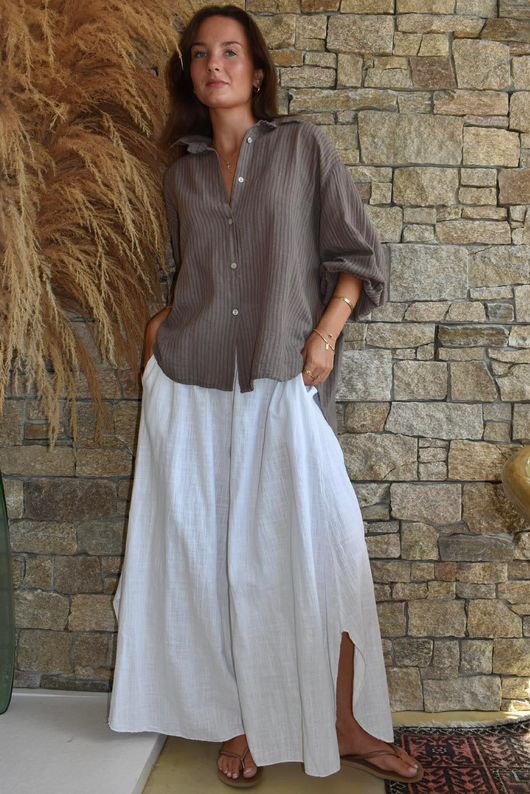 Sundaze Cheesecloth Chalk Stripe Boyfriend Shirt Mocha & Earth